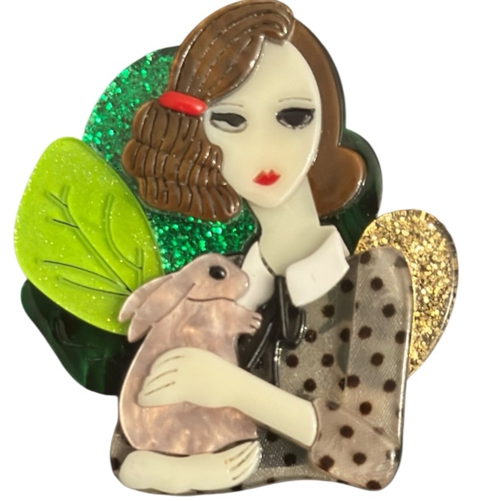 ๐๐SOLD 3D Layered Lady with Rabbit Brooch Pin - Picture 1 of 11
